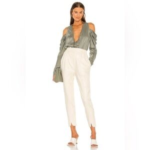 NWT Jonathan Simkhai Silk Remington Cold Shoulder Long Sleeve Blouse in Sage, XS